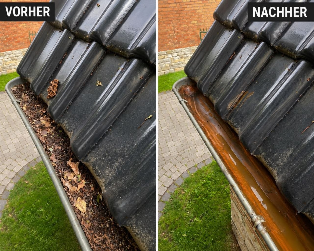 Dachrinne vorher und nachher – verstopft mit Laub, danach frei