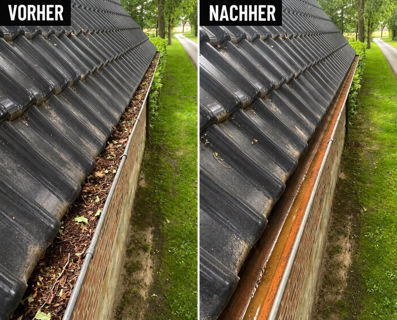 Dachrinne entlang der Auffahrt vorher und nachher
