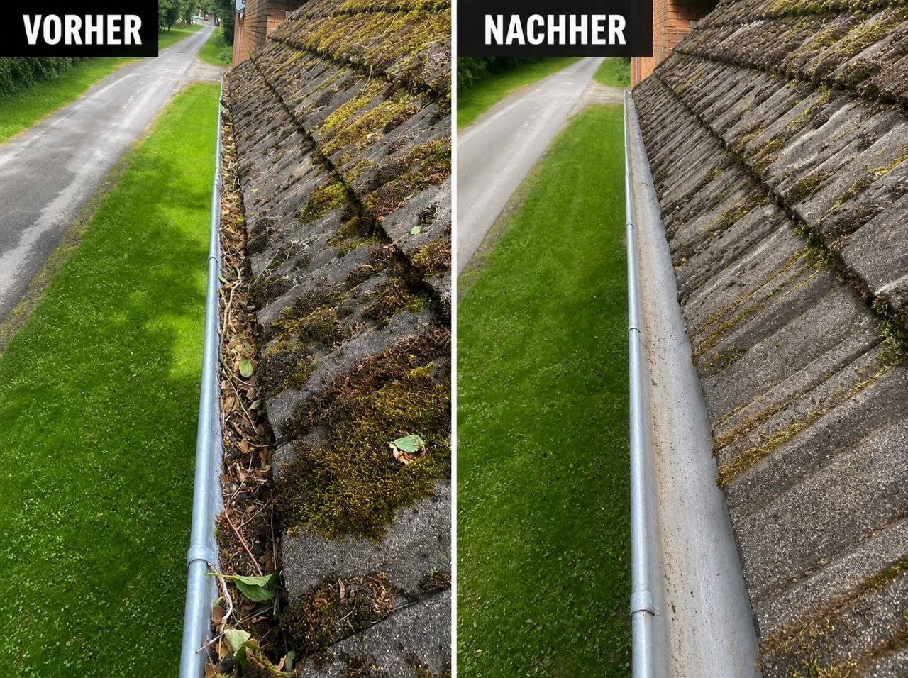 Dachrinne am Haus vorher und nachher
