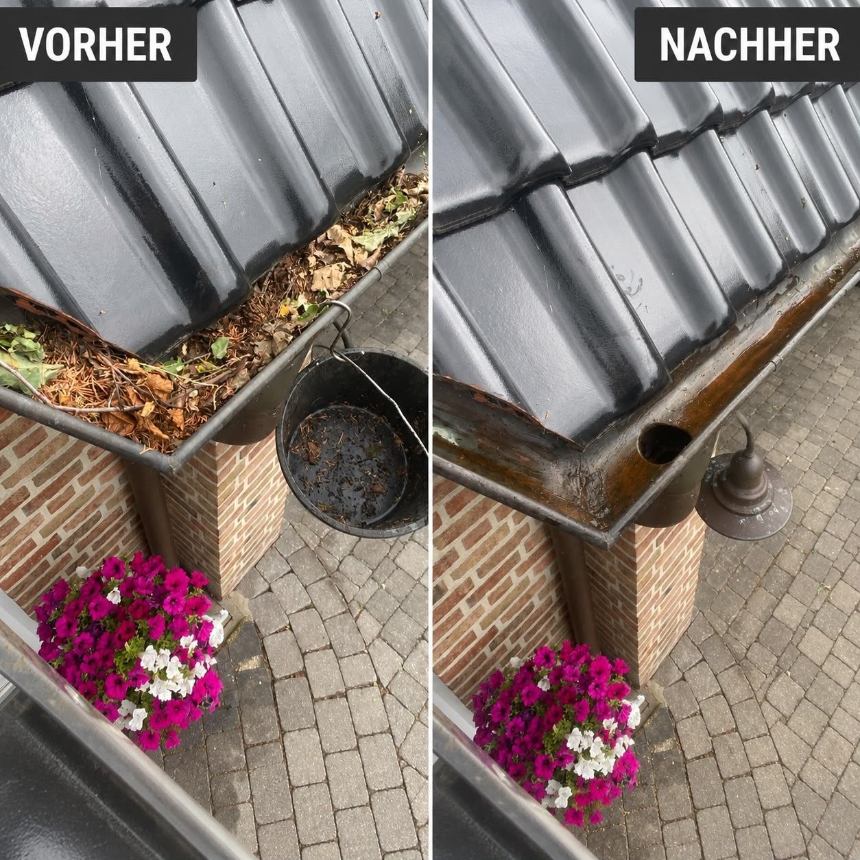 Dachrinne vorher und nachher – Nahaufnahme